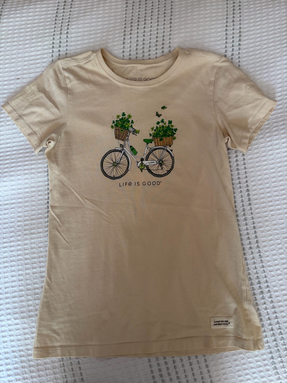 Life Is Good Beige Tee with Green Bicycle Graphic
